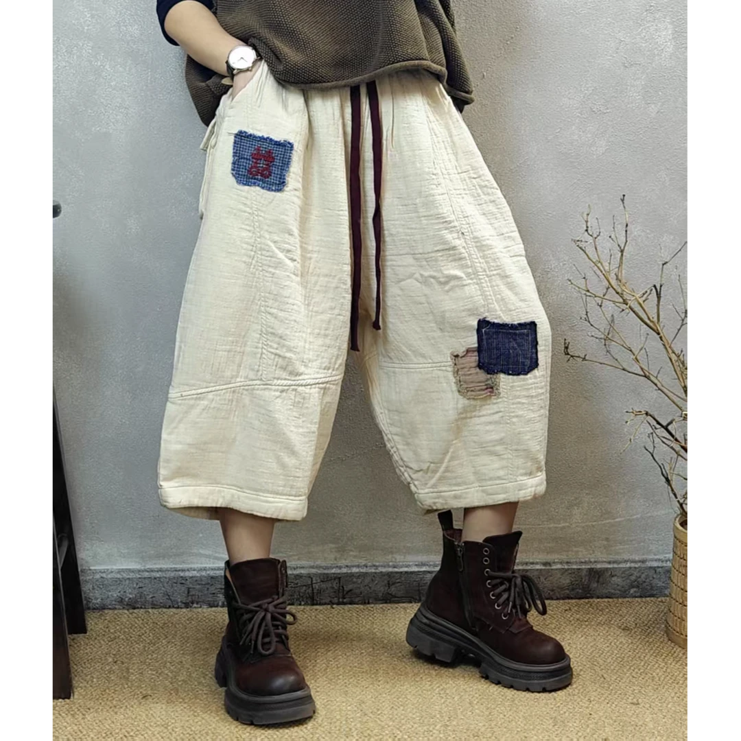 春季新款原创设计刺绣贴布炒色做旧靴裤裤长76臀围140