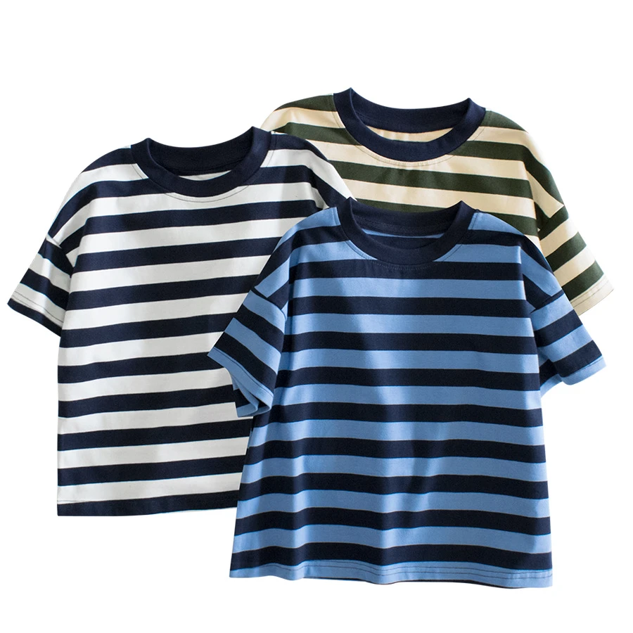 【中大童夏装】韩版潮牌男生夏季新款条纹弹力短袖中性宽松打底衫