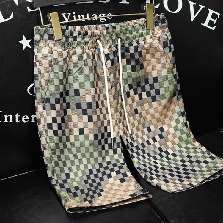 卓伊纳比短裤男夏季新款潮牌迷彩格子拼色速干休闲五分沙滩裤男