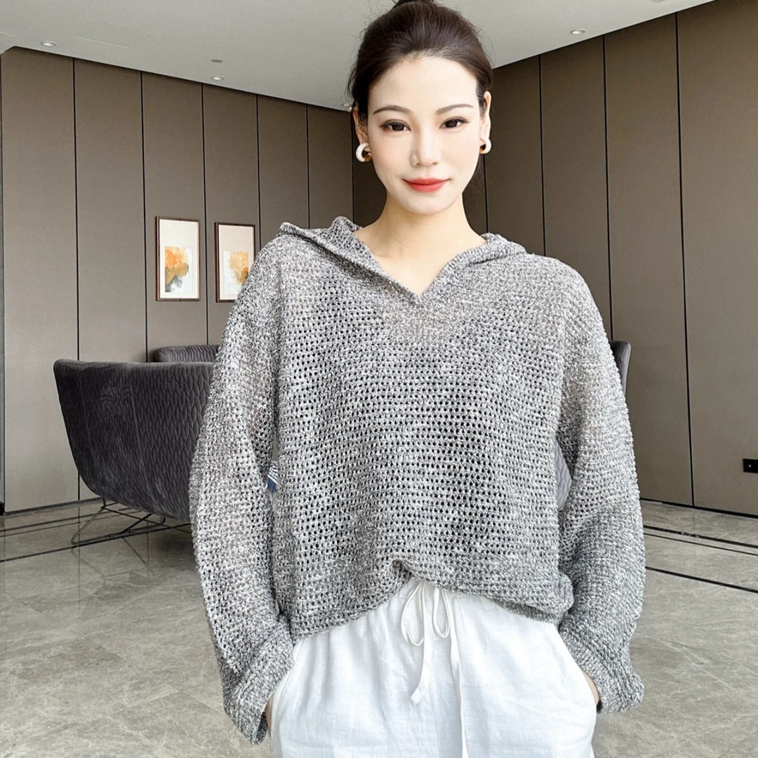 阿玛施春夏时尚小众别致上衣连帽镂空针织短外套阿玛施5399722