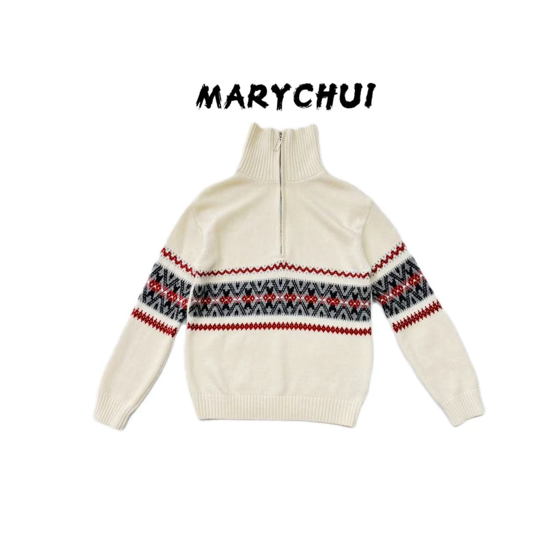 时尚休闲撞色提花立领毛衣