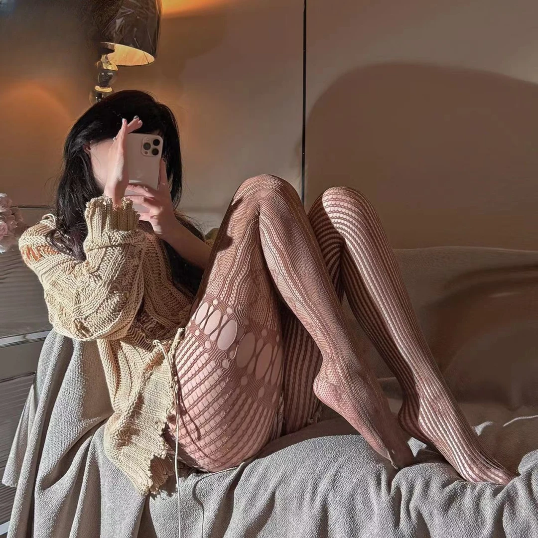 性感蕾丝连裤袜AB款竖纹黑丝网袜长筒袜个性缕空高筒丝袜渔网袜