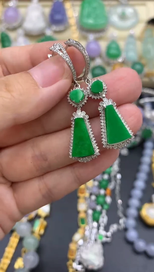 翡翠18K金镶嵌耳饰390-中国好珍宝