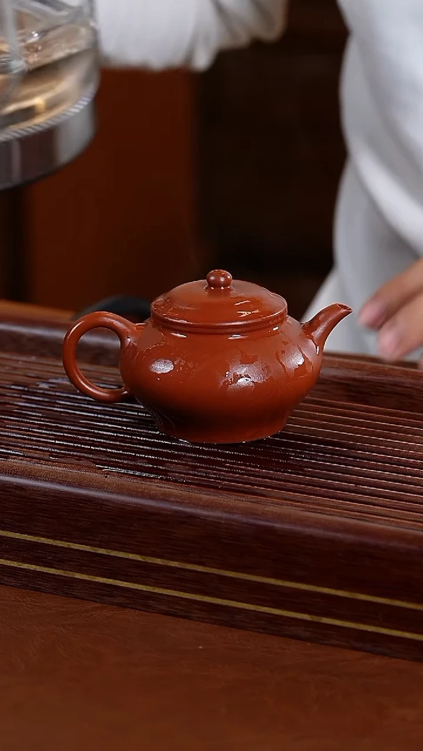 茶壶紫砂轩轩公堂朱泥虚扁壶160cc