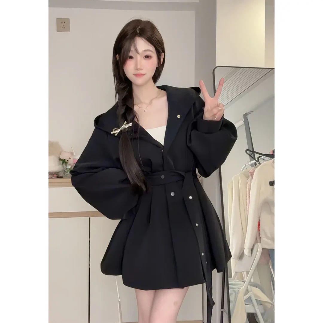 WAPLE春季新款外套女显瘦灯笼袖外套小个子洋气爆款百搭连帽风衣