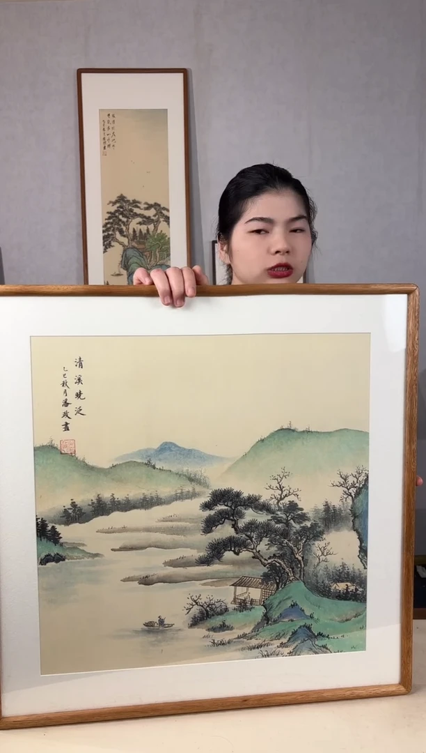 国画手绘*清溪晓泛*62*62cm实木框
