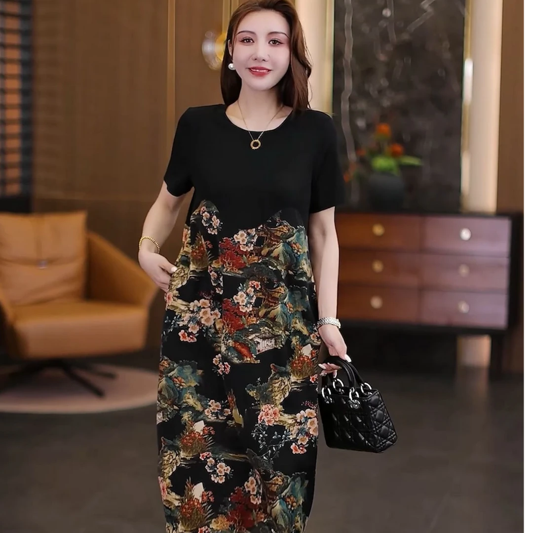 洋气时尚遮肚子有气质百搭有口袋A字版大码妈妈装连衣裙