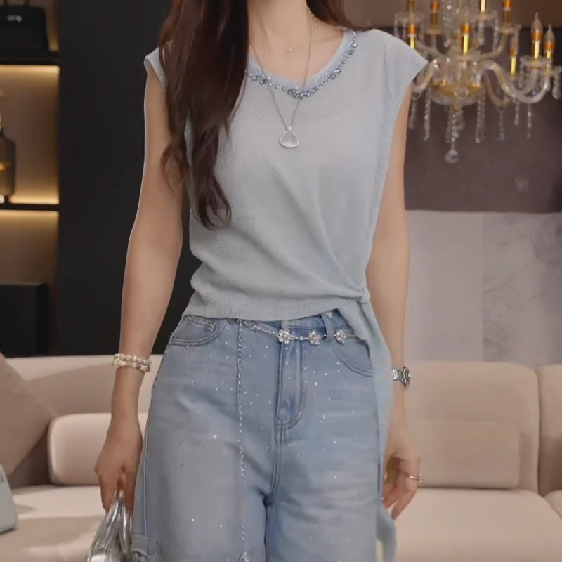 【南岸柔风】夏季串钻v领不规则系带欧若风小飞袖针织衫LK2503976