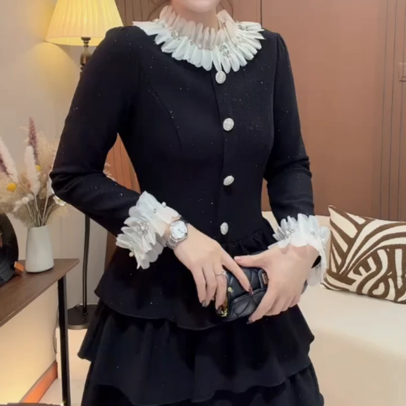 法式复古黑色拼接连衣裙女秋季富家千金感公主裙收腰蓬蓬蛋糕裙子