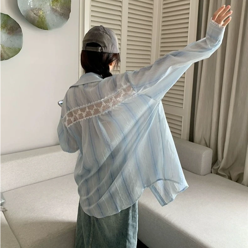 防晒衬衫女设计感小众夏季韩系拼接蕾丝宽松慵懒长袖衬衣上衣外套