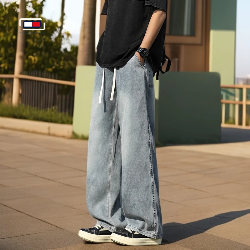 夏季薄款阔腿直筒裤子官方正品复古牛仔裤男士高街宽松潮流港风韩