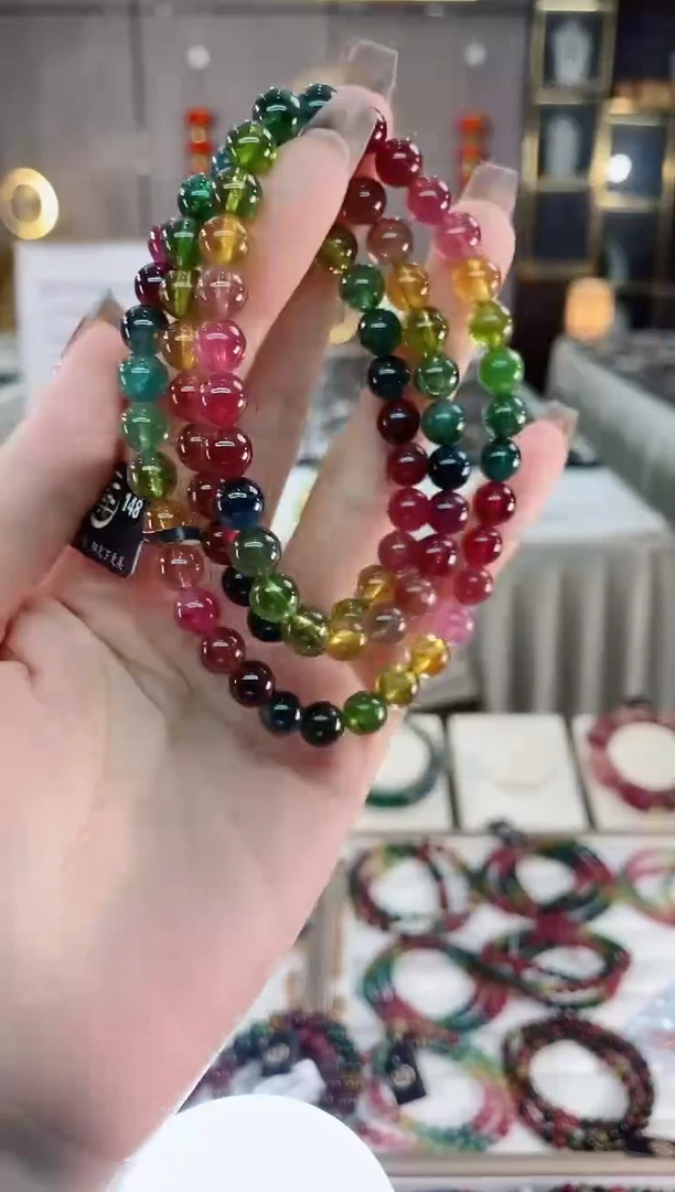 老矿色标彩虹高透体三圈手串7mm+未镶嵌碧玺dan多样性发货一条
