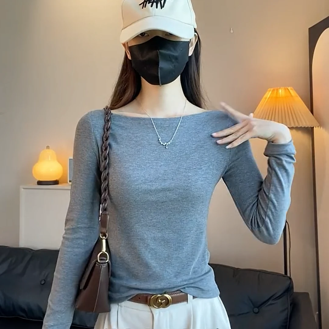 暗灰色一字肩长袖t恤女春秋冬修身打底衫百搭显瘦露肩上衣潮