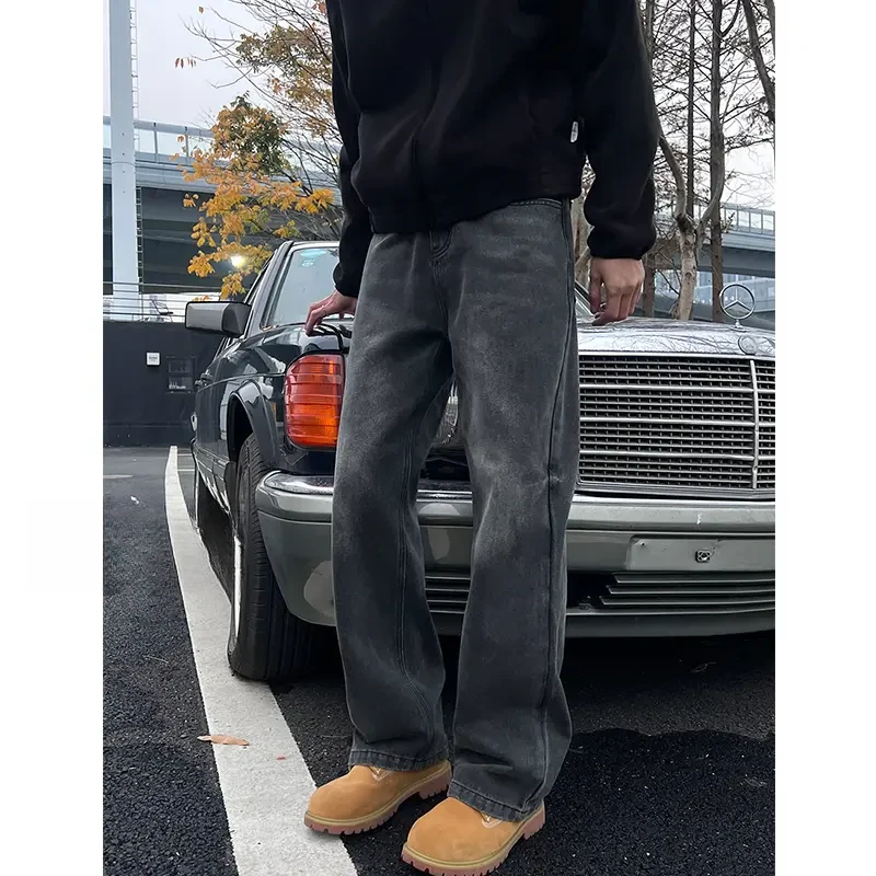 Entong美式高街cleanfit牛仔裤男生高级感黑灰色宽松直筒休闲长裤