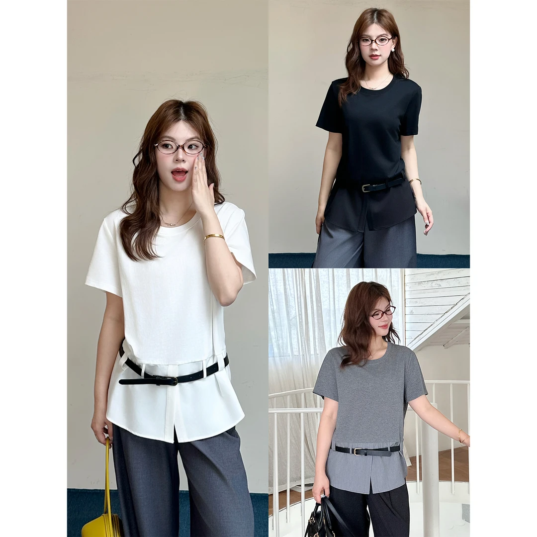 裂渡宣宣【精英佳人】微胖大码女夏时尚显瘦针梭织拼接T恤ZY506V41