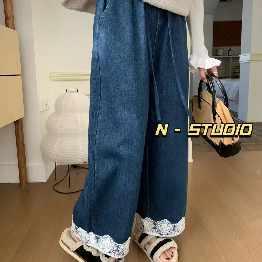 阿毛家2024冬季新款蕾丝花边加绒直筒阔腿牛仔裤宽松休闲显瘦