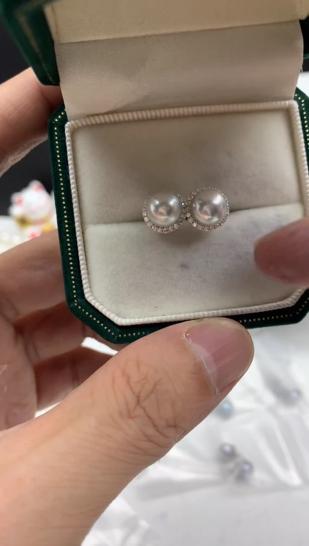 银S925镶嵌FF海水珍珠akoya灰珠耳饰