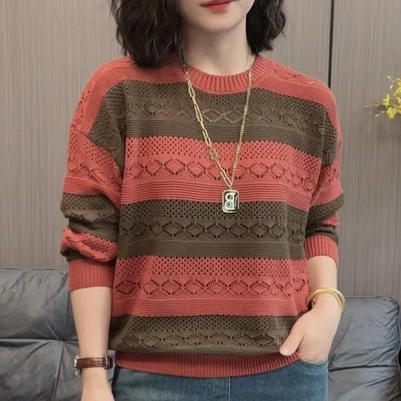 2025年早春季新款时尚条纹拼接针织衫女士宽松遮肚子百搭打底毛衣