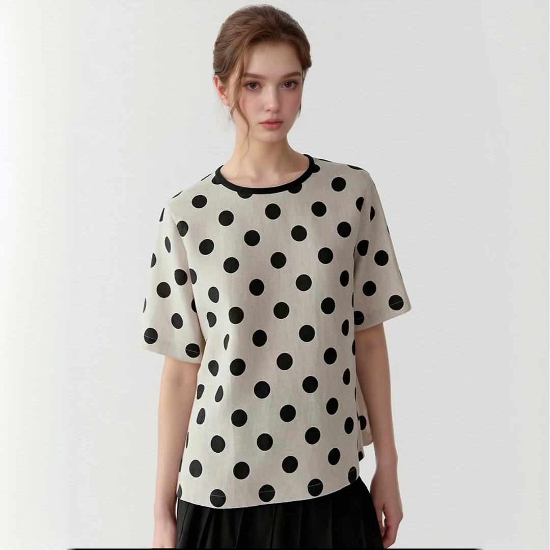 小禾女装2025夏新款斜纹亚麻短袖花式上衣淡人 随性显瘦波点短袖
