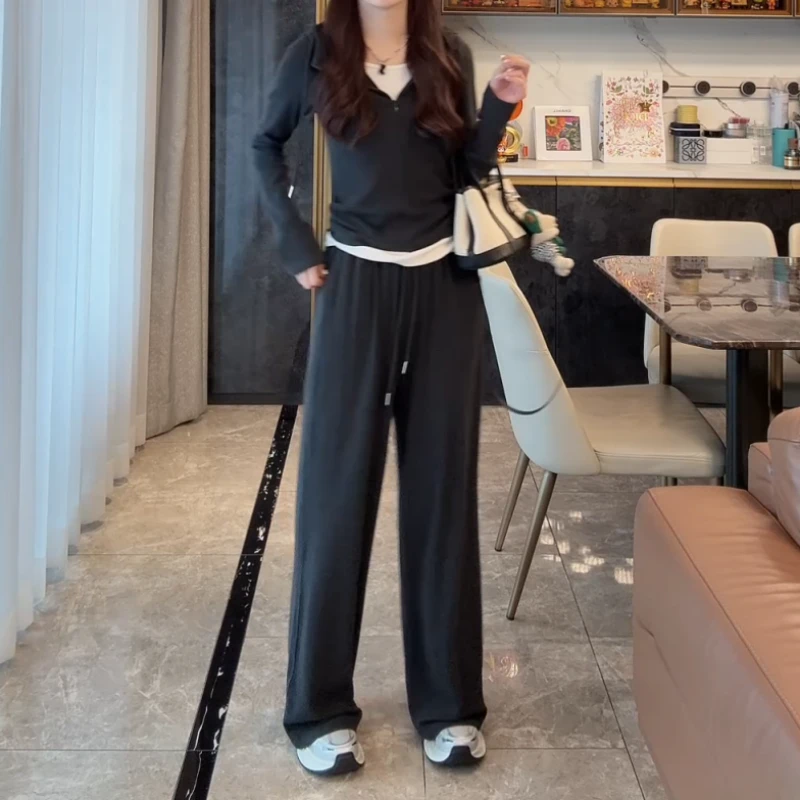 双拼套装~春季叠穿假两件连帽上衣+直筒休闲裤两件套LK2502017