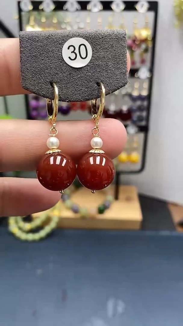 南红玛瑙银S925镀金镶嵌耳饰尺寸14mm耳扣05