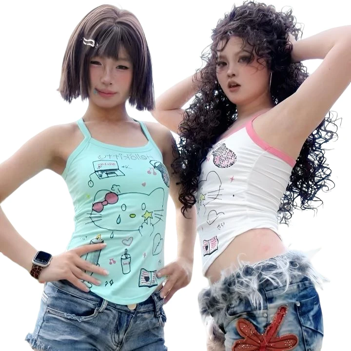 酷kitty辣妹字母印花吊带背心外穿设计修身显瘦短款上衣