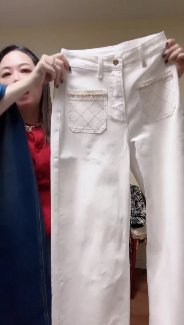 白色S码格纹牛仔裤