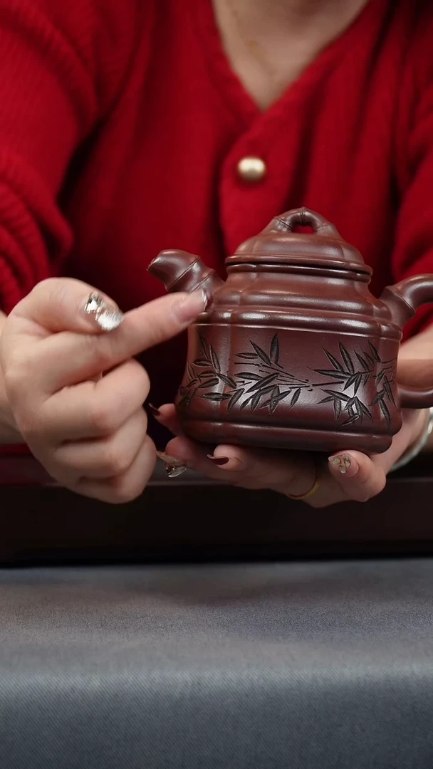 【闪购商品】紫砂茶壶石红  竹鼎 刻绘