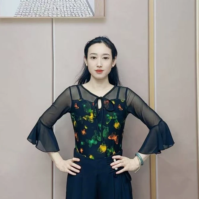 网纱袖欢舞阁摩登A0718双人舞交际舞广场舞绑带喇叭七分袖边上衣