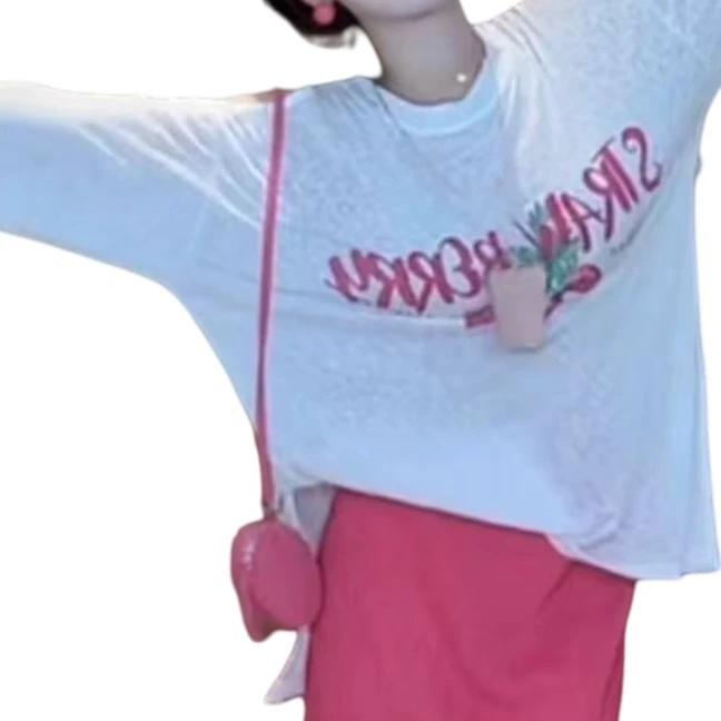 阿遥家【蜜汁甜桃】夏日ootd穿搭长袖t恤露肩斜肩上衣