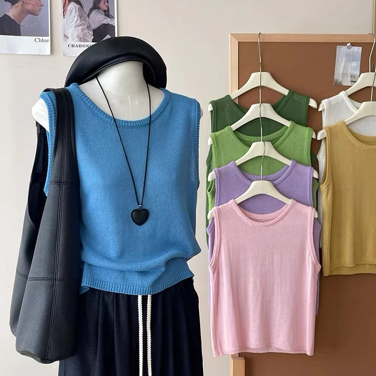 日韩系简约冰丝麻背心针织衫女夏温柔度假风百搭慵懒松弛坎肩上衣