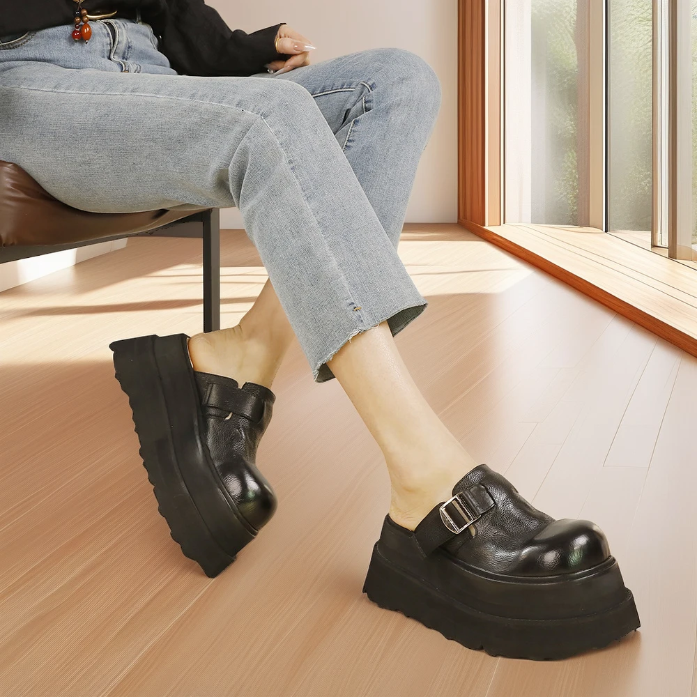 8CM 夏季新款水洗牛皮外穿包头凉拖鞋高级感轻软厚底松糕勃肯半托