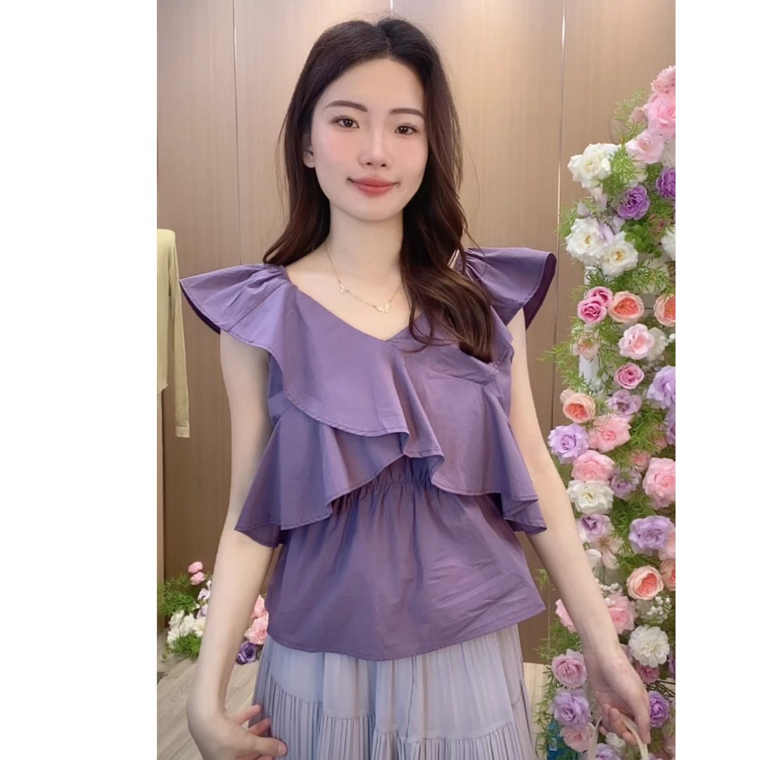月下繁花~法式荷叶边小设计飞袖v领衬衫上衣女夏