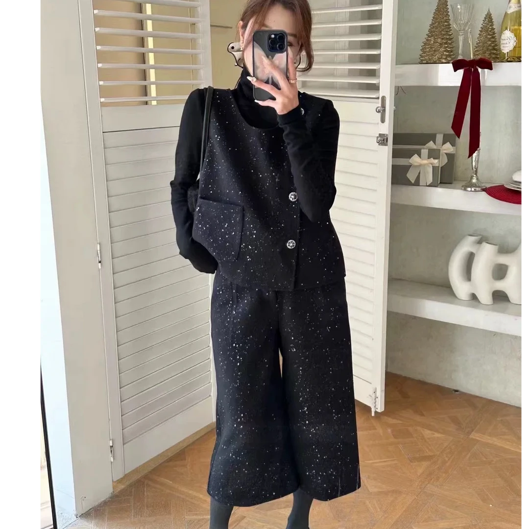 满天星亮晶晶后背蝴蝶结毛呢马甲背心阔腿裤三件套女春 9016