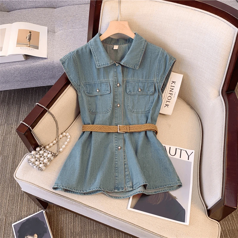 复古港风牛仔衬衫女2025春夏季新款高级感马甲飞飞袖开衫外套上衣