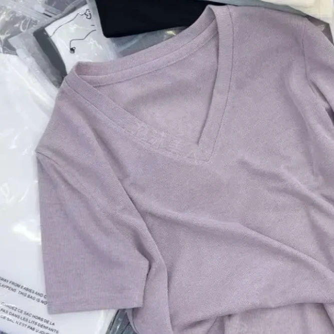 门店16&9！凉感纱！轻量无压~V领显瘦透气短袖T恤上衣女 R0360