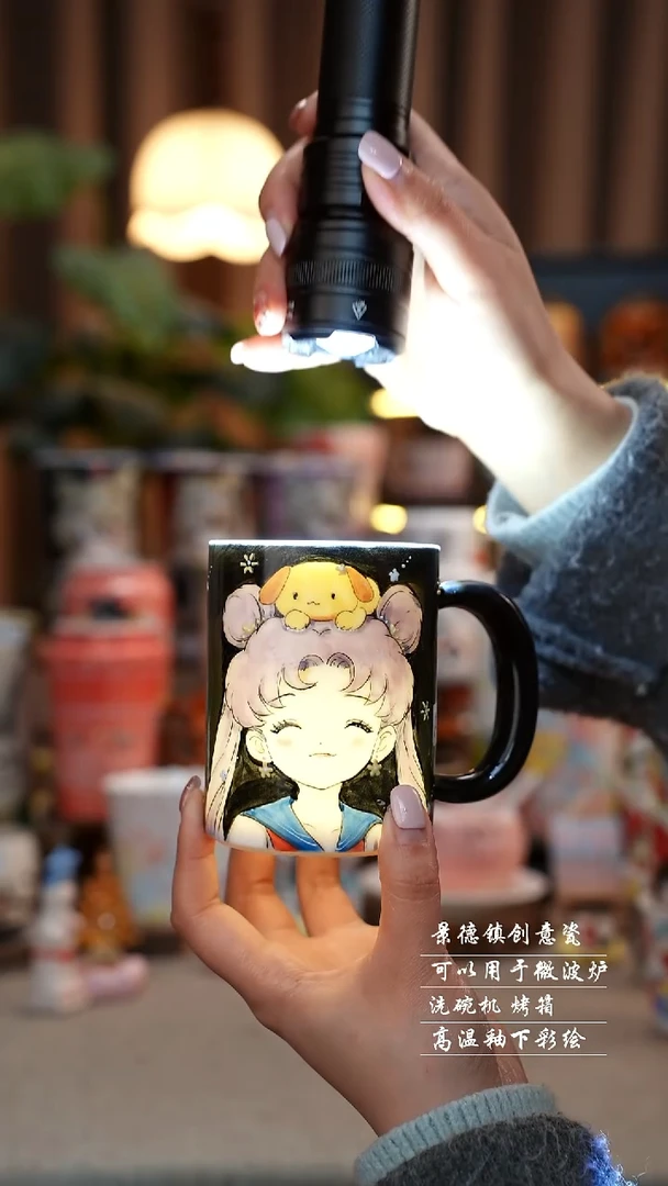 （微微瑕）黑釉紫色头发美少女把手杯景德镇陶瓷手工手绘创意瓷