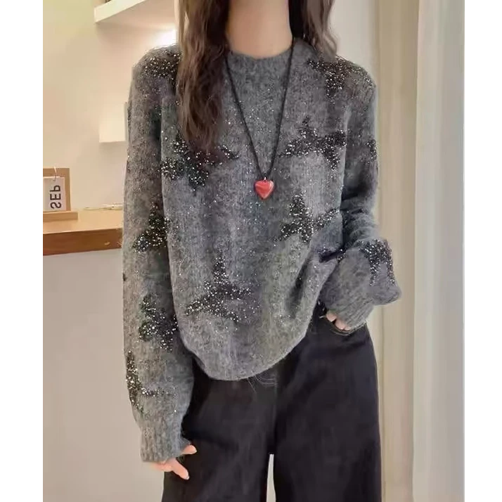 【亮片蝴蝶】新款秋冬重工毛衣圆领秋冬针织衫百搭宽松慵懒毛衣女