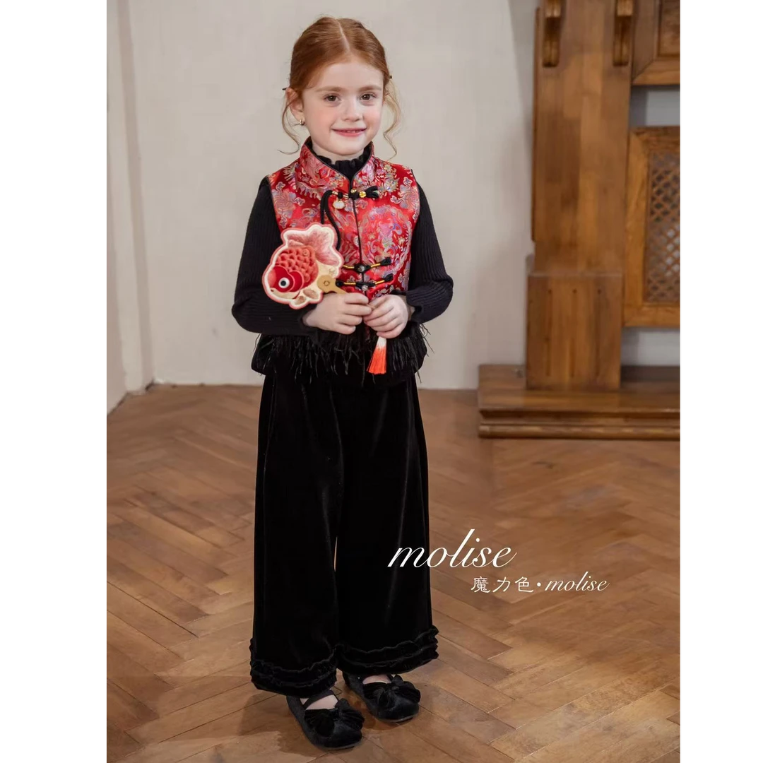 【8061】【魔力色】重工国风新中式马甲三件套风女童套装