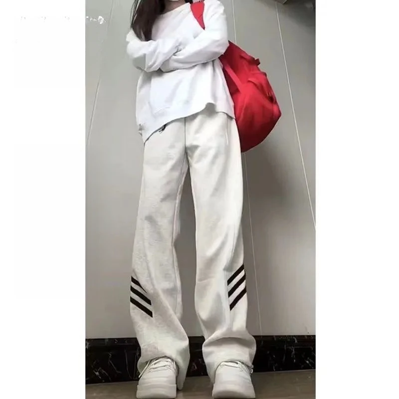 2025年时尚美式白灰运动裤女春秋高腰宽松垂感休闲百搭直筒阔腿裤