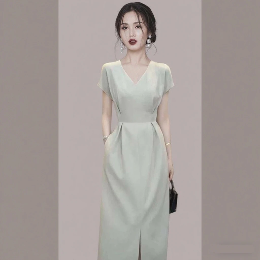 长款拉链夏季优雅清凉A字裙长裙连衣裙轻熟夏季V领显瘦气质轻奢