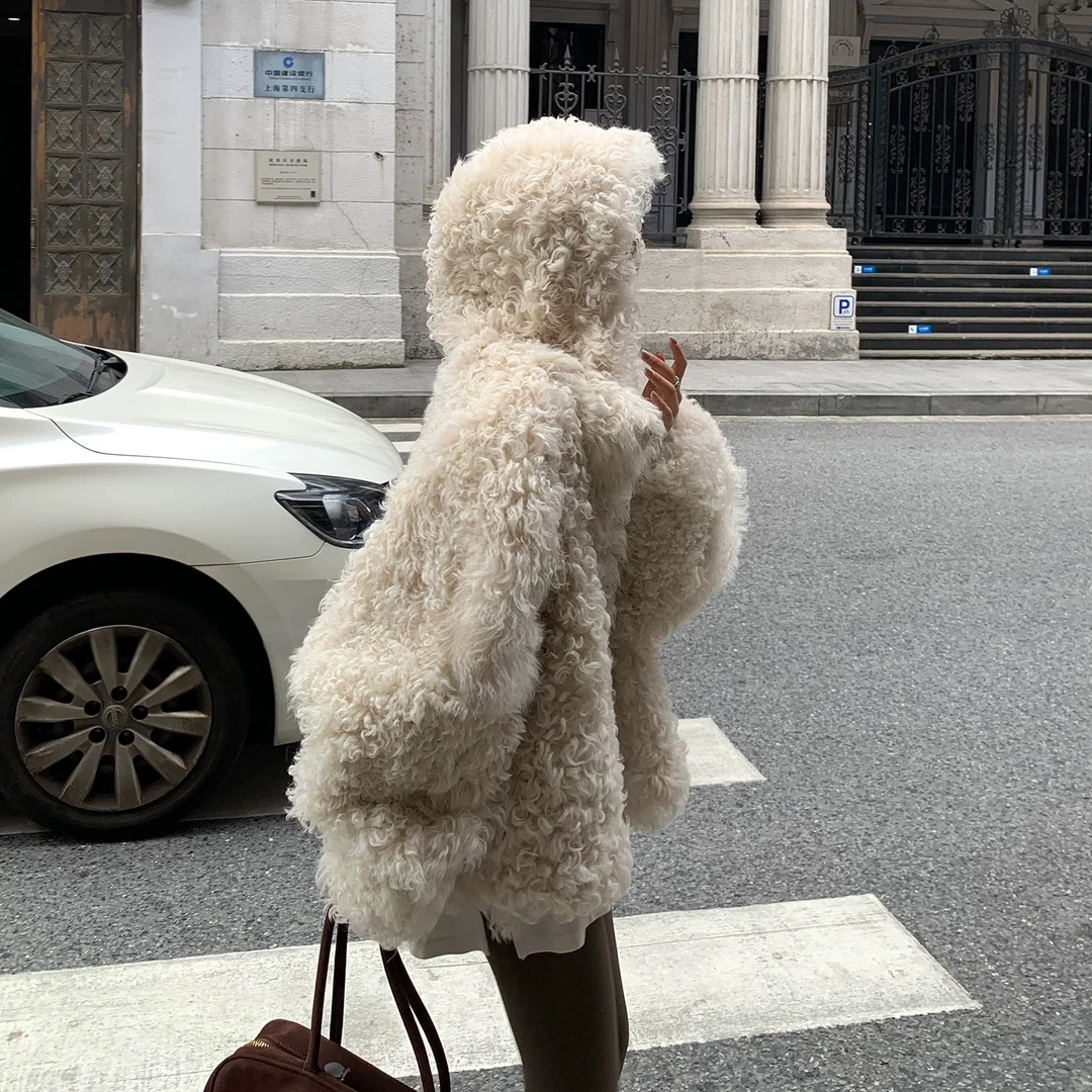 【宁小姐】西班牙进口托斯卡纳'挪威冬日‘卷毛连帽真皮毛一体皮草