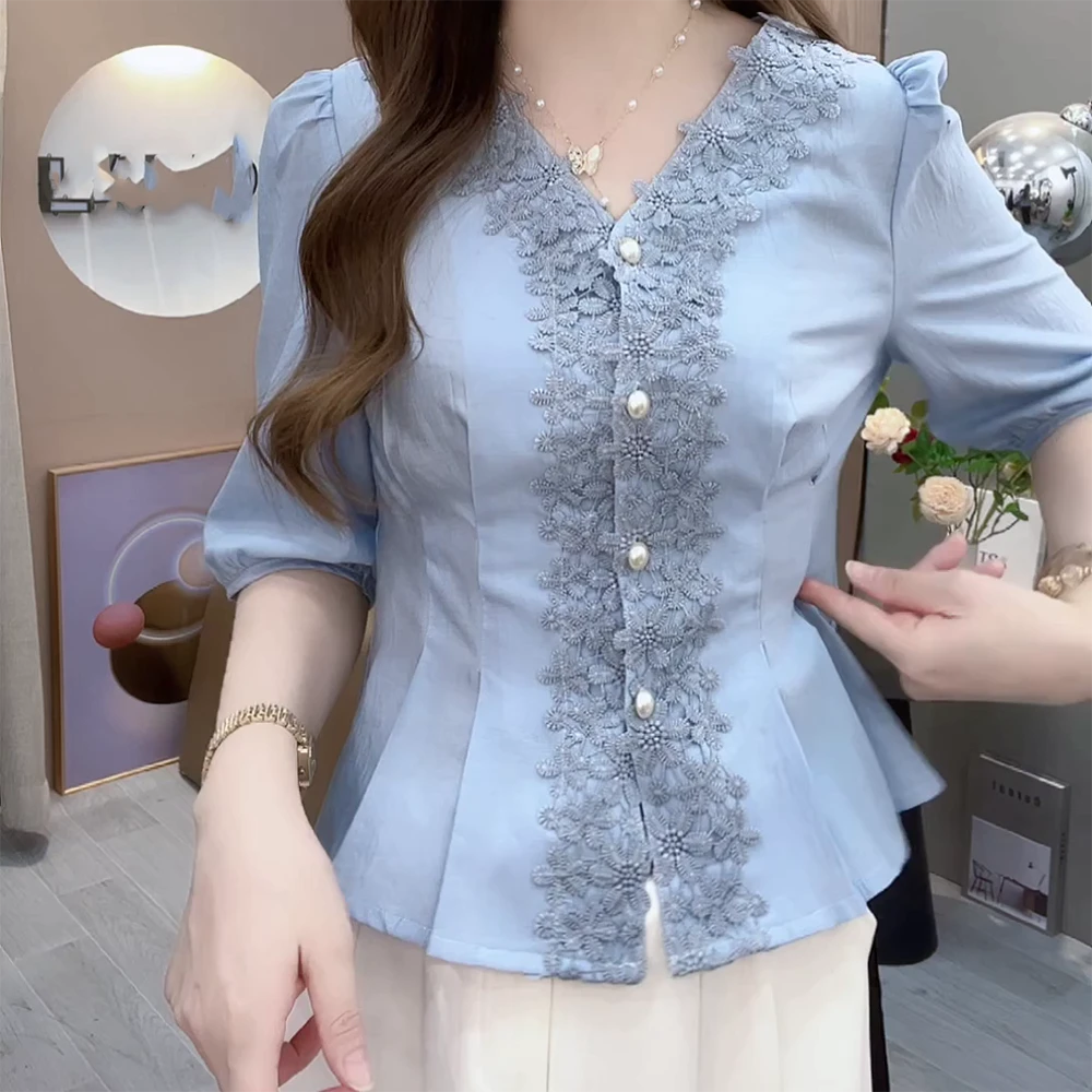 夏季新款V领衬衫女洋气百搭气质减龄上衣C5643