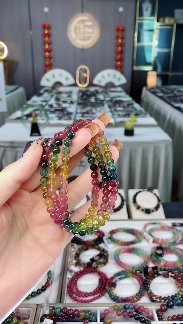 未镶嵌老矿碧玺色标彩虹透体三圈手串5mm+碧玺dan多样性发货一条