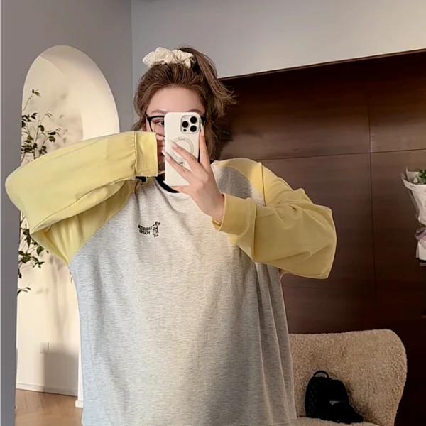 【瘦瘦】蛋糕小熊-大码春夏插肩袖印花显瘦拼色可爱长袖T S01354