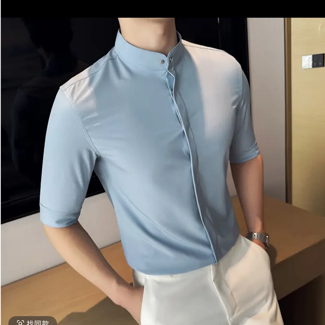 冰丝立领五分袖衬衫男士夏季款短袖暗门襟纯色寸衫