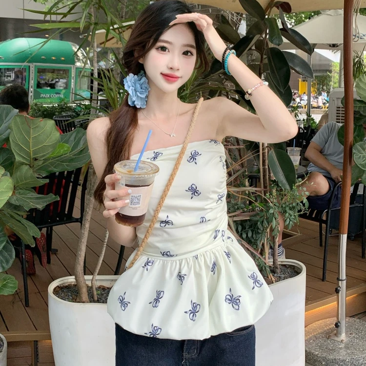 大码女装胖MM纯欲风蝴蝶结无袖背心女夏季新款设计感辣妹裹胸上衣