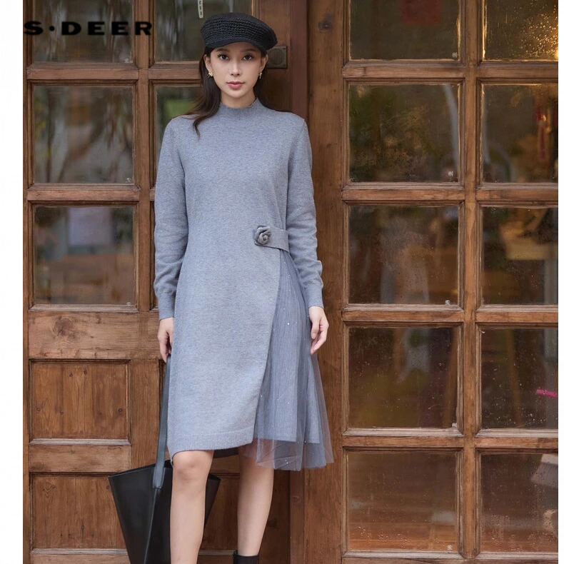 S·DEER圣迪奥秋冬季显瘦气质长袖时尚女士复古不规则百搭连衣裙