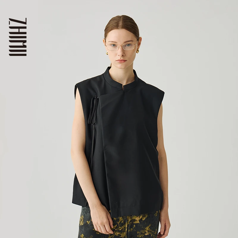【ZHIMII】2024秋新品新中式精纺羊毛斜襟系带立领宽松马甲马夹女