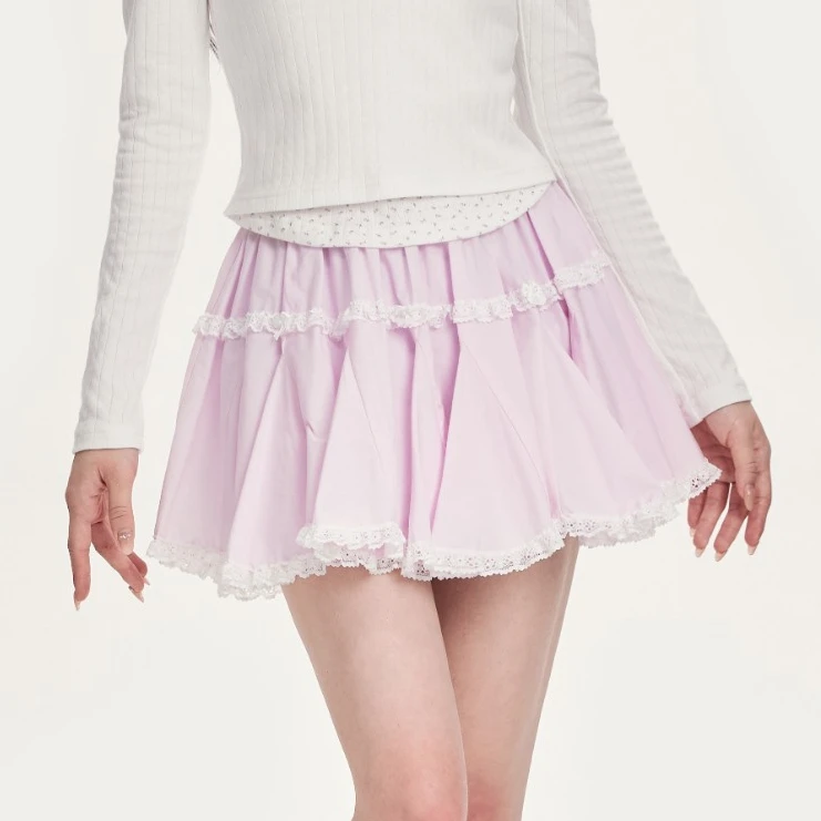 【清清】NCXK春夏百搭蓬蓬裙短裙分割拼接蕾丝花边裤裙休闲QZ036